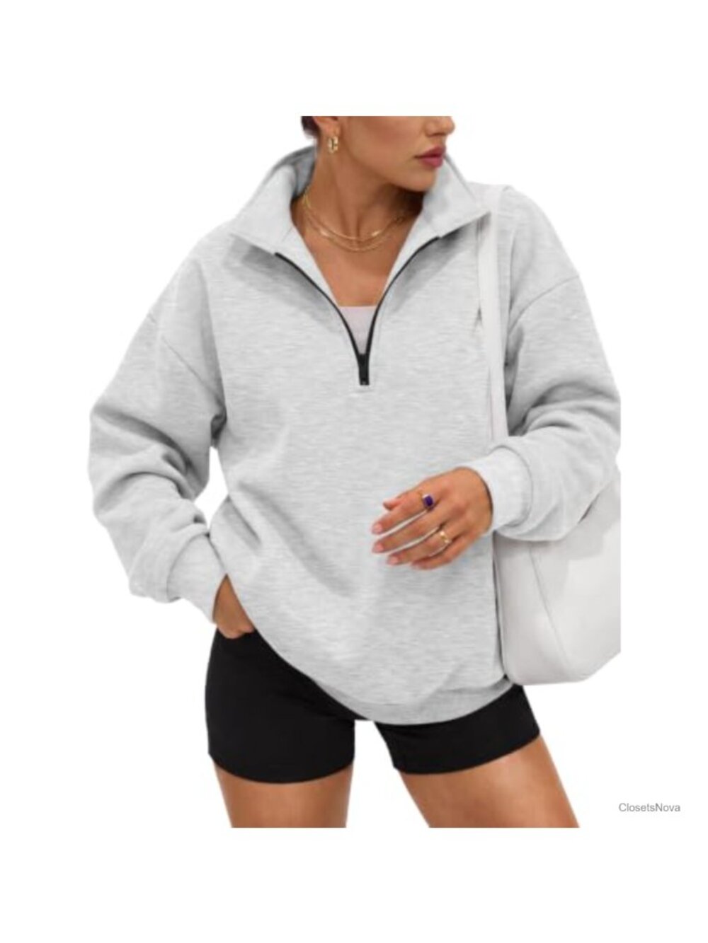 Oversized Half Zip Fleece Sweatshirt Mock Neck Pullover Cotton Blend Women